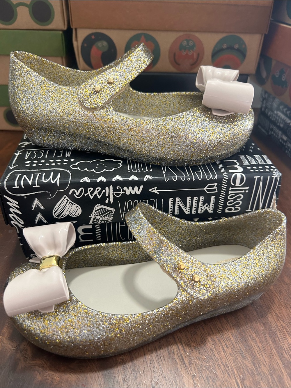 Mini Melissa Gold Glitter Mary Janes flats with Blush Pink Bow NWT